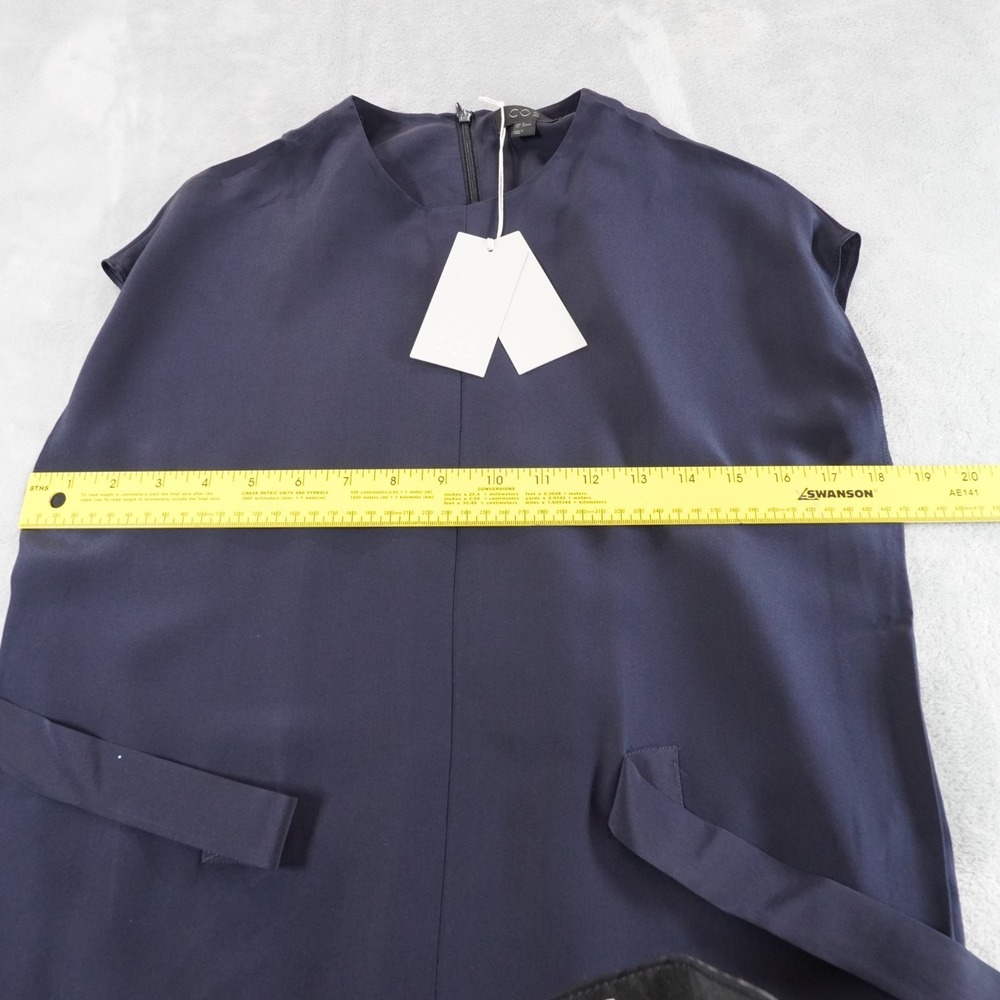 COS Silk Shift Dress Womens XS Navy Blue Cap Sleeve Belted Minimalist EU 32 - Picture 7 of 15